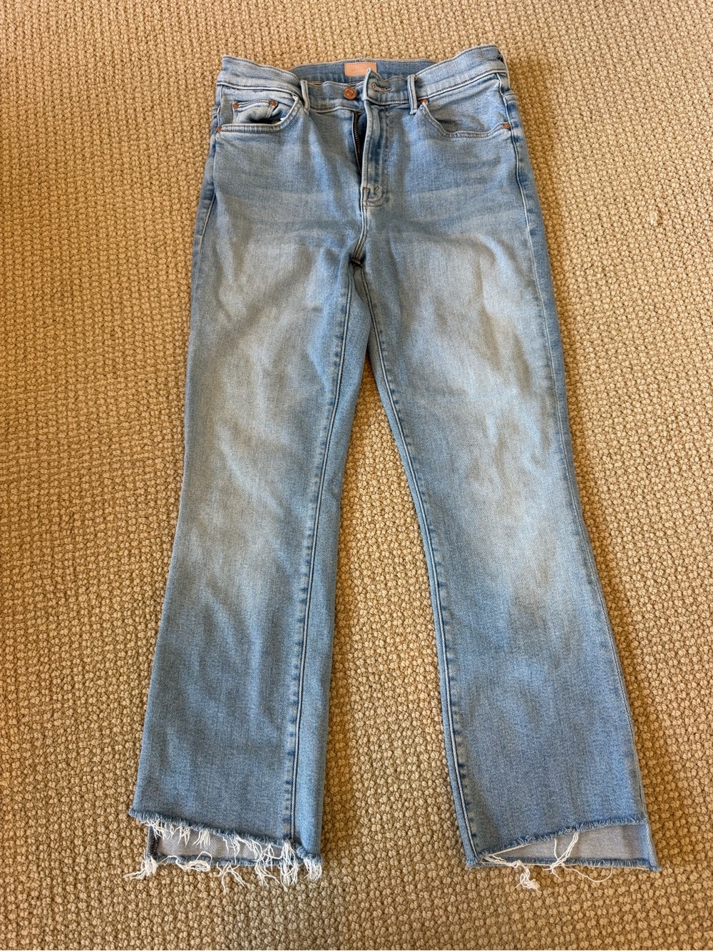 MOTHER Light Blue Cropped Flare Jeans with Raw Hem